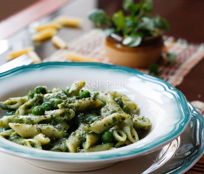  Watercress flavoured Penne Pasta with Peas..